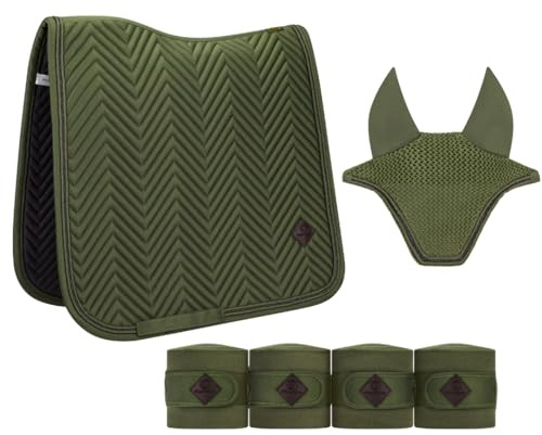 Equimour Dressage Saddle Pad Set 3-Piece – Saddle Pad, Fly Bonnet & Bandages – Breathable & Non-Slip – Elegant Show Riding Set Warmblood/Full – Classic Sage