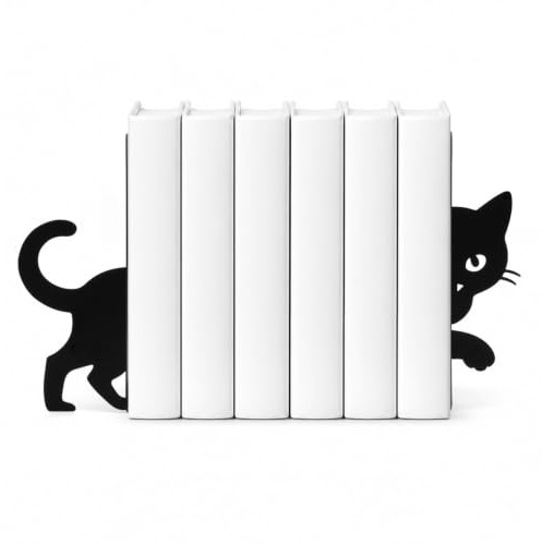CKB LTD Uppsättning av 2 blyg svart katt som döljer bokstöd, söta 3D-bokstöd
