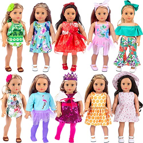 ZITA ELEMENT 24 Pcs American Doll Clothes & Accessories for 18 Inch Dolls, 10 Complete Sets of Outfits, Dresses, Swimsuits, Tights, Ideal Gift for Girls
