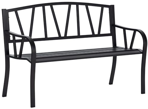 Outsunny Panchina da Giardino in Metallo Nero Impermeabile, Panca da Esterno in Ferro 2 Posti, 128x56x86cm