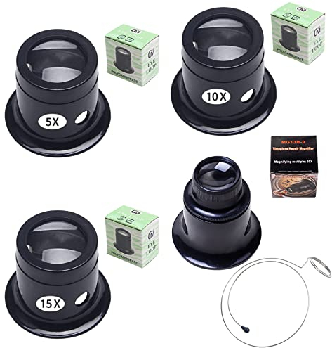 Zasjon Uhrmacherlupe Juwelierlupe, 4 Stück Uhrmacher Auge Okular Glaslinse Vergrößerung Faktor 5X 10x 15x 20x Augenlupe mit Lupe Drahthalter für Uhr Schmuck Münzen Elektriker Nähen Handwerk