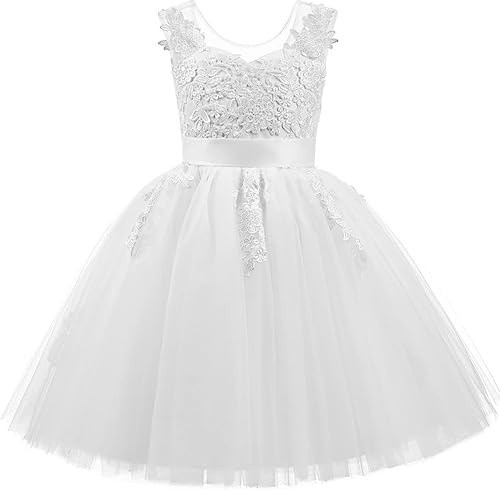 PLWEDDING Encaje V Volver Tul Vestido De Niña De Flores Junior Niñas Dama De Honor Boda V, Blanco, 6-7 Años
