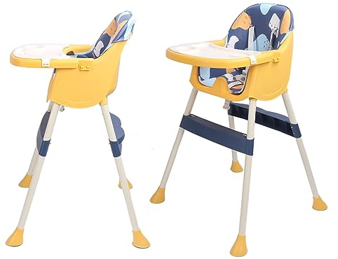 Seggiolone per Bambini Regolabile con Imbracatura di Sicurezza Antiscivolo, Seggiolone Multifunzionale Giallo Blu con Vassoi Lavabili in Lavastoviglie per Pasti Confortevoli