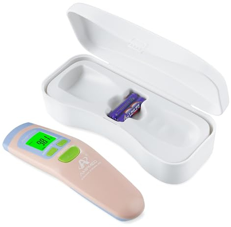 Amplim Non-Contact Forehead Thermometer for Adults, Kids & Infants | Ampmed No-Touch Medical Grade Temporal Fever Thermometer with Case, Nurse Accessories for Work, Pink Termometro Digital