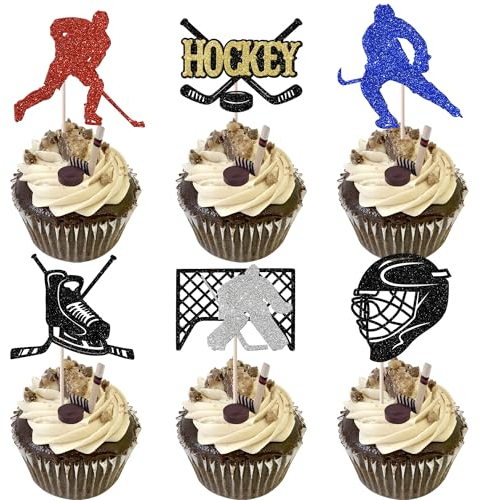 Xsstarmi 24 Stück Hockey-Cupcake-Topper Glitzer Hockeyspieler Cupcake Picks Eishockey Cupcake Dekorationen für Sport Thema Babyparty Geburtstag Party Kuchen Dekorationen Supplies