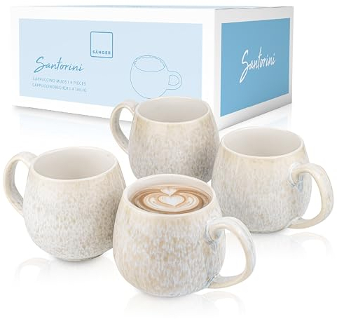 SÄNGER | Tassen Set Santorini 4 tlg, Kaffeetassen Set 4 Personen, Steingut Becher Spülmaschinenfest, Handmade Teetassen Set Cremefarben mit Flieder Blauem Farbverlauf 300 ml | PREMIUM COLLECTION