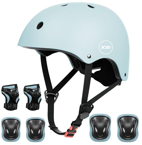 XJD Fahrradhelm Kinder Schoner Set(7er) Kinder Helm mit Knie- & Ellenbogen- & Handgelenkschützer Verstellbarer Schutz Jugend Skaterhelm für 3-13 Jahre Alt (Hellblau, M: 55-57 cm)