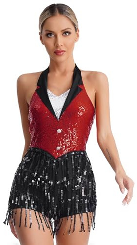 JEATHA Vestido De Baile Latino con Flecos para Mujer Maillot Sin Manga De Patinaje Artístico Traje de Baile Latino Ropa de Baile Contemporánea Rojo E XXL