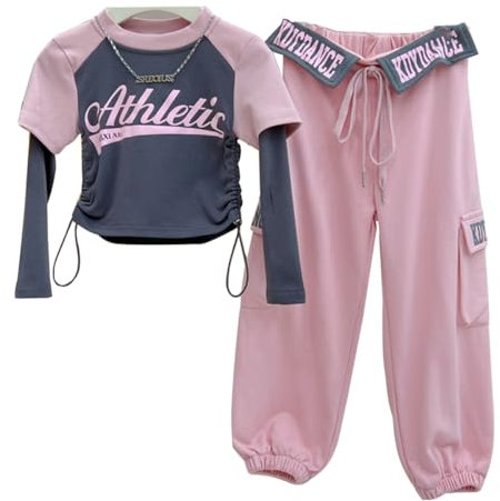linboo Kinder Sportanzug Mädchen 2tlg Hip Hop Kleidung Gefälschte Zwei Langärmshirt und Sporthose Jogginganzug Kinder Sportkleidung, Grau, 134-140