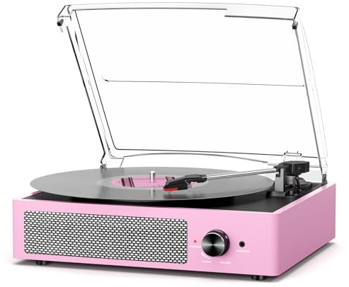 Platine Vinyle Bluetooth Portable à 3 Vitesses (33 1/3, 45 78 TR/Min), Vintage Tourne-Disque avec Haut-parleurs stéréo intégrés, Prend en Charge la Sortie RCA/3.5mm Jack, Rose Clair