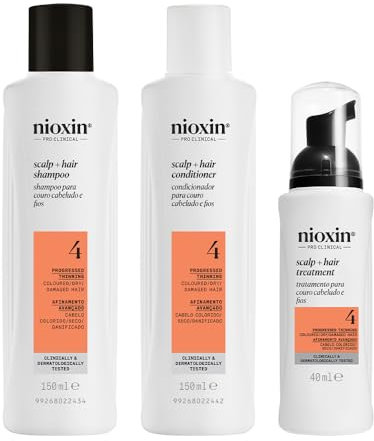 Nioxin Scalp + Hair Thickening System 4 Kit - Hair Treatment System for Coloured Or Dry Damaged Hair with Progressed Thinning - Shampoo, Conditioner & Scalp Treatment (150+150+40ml)