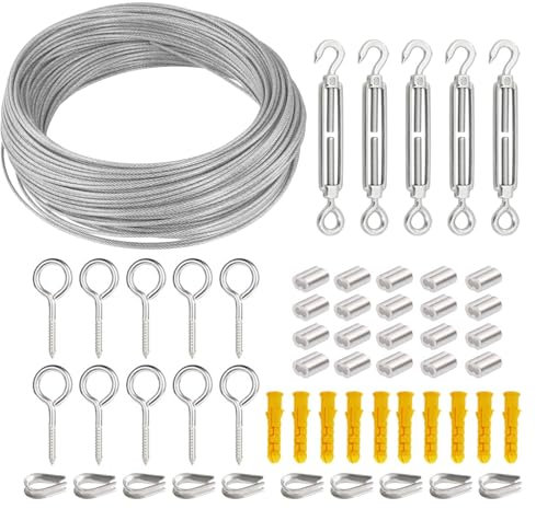 MUNGHOK Lot de 56 câbles métalliques en acier inoxydable de 3 mm x 50 m avec tendeur en acier inoxydable, vis à œillets, cosses de câble métallique et douilles en aluminium, câble en acier gainé pour