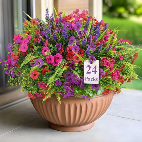 Alupssuc 24 Bundles Artificial Flowers Outdoor, UV Resistant Eucalyptus Violets and Lavender Silk Fake Flowers and Plants, for Home Garden Porch Window Wedding Decorations, Red Rose Purple
