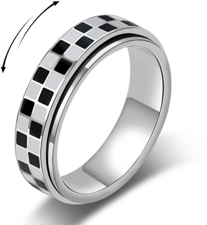 Checkered Fidget Ring for Adults - 18K Gold Plated Stainless Steel Rotating Spinner Jewelry, Anxiety & Stress Relief Gift for Women/Men (Black and White Pattern) (Checkerboard Ring_Silver, size 9)