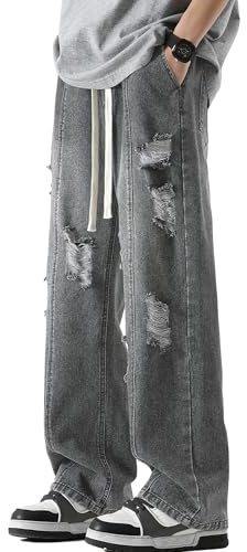 AIEOE Distressed Jean for Men Hip Hop Baggy Washed Denim Pant Ripped Loose Y2K Skateboard Streetwear for Teenager Boy