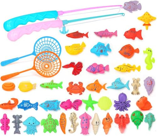 Fishing Game for Kids, Hook a Duck Game for Outdoors, 54 Pcs Fishing Toy Set with 2 Rods and 2 Nets, Plastic Fish Toys for Bath Time, Pool Parties and Educational Play
