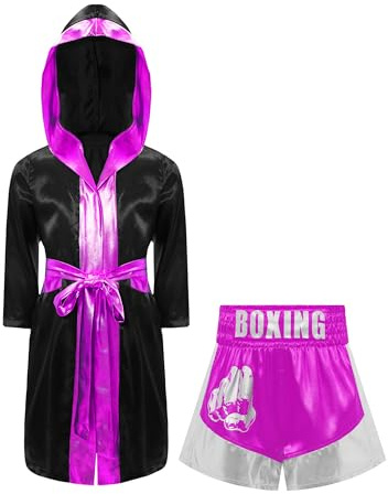 TiaoBug Kids Boys Girls Boxing Costume 2 Pcs Boxer Robe and Muay Thai Shorts Set Boxer Uniform for Halloween MMA Black&Hot Pink 13-14 Years