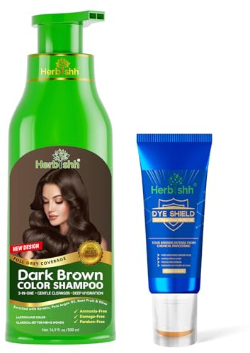 Herbishh Hair Color Shampoo Dark Brown (500ml, 3-in-1 Ammonia-Free) + Hair Color Stain Protector Cream – Complete Gray Coverage Dye Kit with Skin Barrier for Stain-Free Coloring