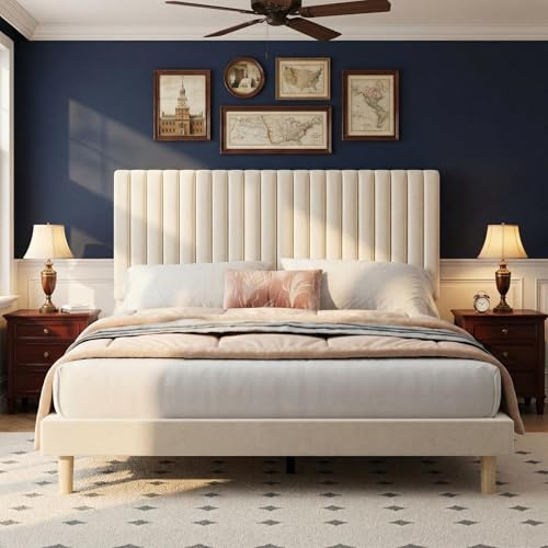 Double Bed Frame with Upholstered Adjustable Headboard – Premium Velvet Fabric, Strong Metal & MDF Structure, 3-Level Headboard Adjustment, Easy Assembly, No Mattress Needed – Beige, 104x193x142cm
