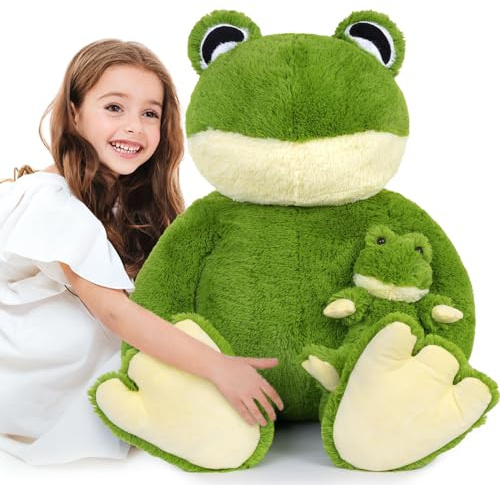 MorisMos 100cm Giant Frog Soft Toy, XXL Big Green Frog Teddy with Baby, Kawaii Large Stuffed Animals, Cuddly Fluffy Plush Gift for Kids Girlfriend Birthday