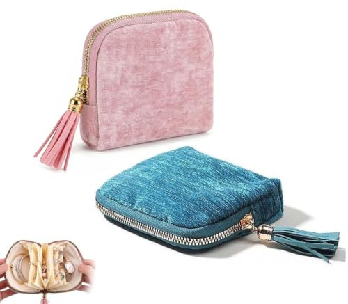 BOFYTR 2-Pair Travel Jewellery Pouch Set with Tassels (Pink & Blue) | Small jewellery box alternative for women. Compact travel jewellery case for necklace, ring and earring storage on the go.