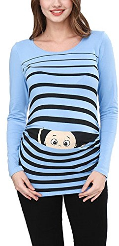Ropa premamá Divertida y Adorable, Camiseta con Estampado, Regalo Durante el Embarazo - Manga Larga (Azul Celeste, X-Large)