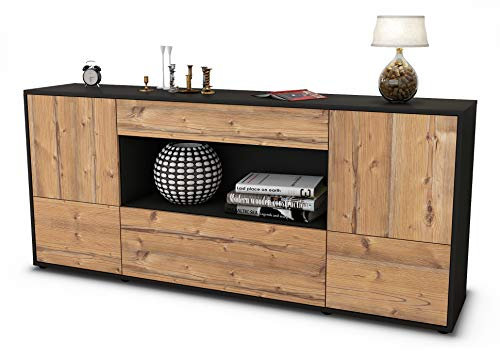 Stil.Zeit Sideboard Elodie, Korpus anthrazit matt, Front Holz-Design Pinie (180x79x35cm) Push-to-Open Technik & Leichtlaufschienen