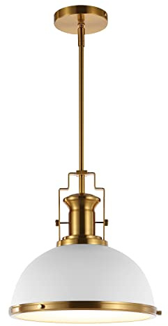 JONATHAN Y 13 Brass Gold/White Modern Industrial Iron LED Dome Pendant Light, Adjustable Hanging Fixture for Kitchen Island or Entryway, White Metal Shade, LED Bulb Included (JYL9536D)