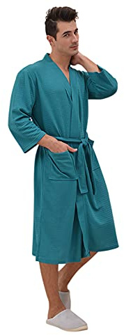 Men Kimono Robe Yukata Dressing Gown Men Bathrobe Cotton Sleepwear Loose Nightdress Lightweight Pajamas Comfy Spa Swimming Bath Robe Wrap Home Casual Wear with Pocket Adjustable Waistband