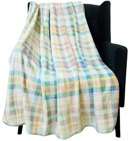 Spring Pastel Plaid Fleece Throw Blanket: Soft Cozy Velvet Colors of Pink Blue Yellow White, Oversized 50 x 70 Inch, for Sofa, Bed, car, Outdoor