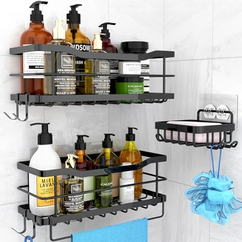 Gobikey Duschablage Ohne Bohren, 3 Stück Duschablage mit 4 Haken, Duschregal Ohne Bohren für Shampoo und Duschgel, Langlebige Badregal Bathroom Organizer Schwarz