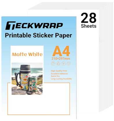 TECKWRAP Printable Vinyl Sticker Paper for Inkjet Printer A4 28pcs, Matte | Waterproof Printable Vinyl Sheets Inkjet Sticker Paper Matte White Vinyl for Craft Sticker, Scrapbooking, Craft Cutters