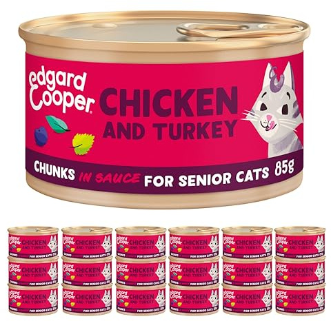 Edgard & Cooper Comida Húmeda Gatos Esterilizados o Activos Gatos Mayores Senior Trozos en Salsa Natural Sin Cereales Latas 85g x 16 Pollo & Pavo, Alimentación Sana Sabrosa y Equilibada