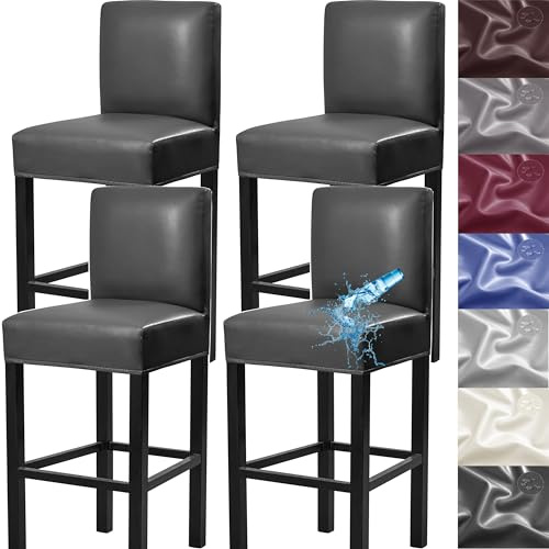 Bar Stool Covers,4 Pack Stretch Waterproof PU Bar Stool Covers with Backs Removable Bar Stool Chair Covers Basrstool Covers Slipcovers with Back Pub Counter Chair Covers with Elastic Bands Black