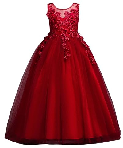 Valin Vestido de princesa para niña, vestido de flores, sin mangas, de encaje y tul, para fiesta, boda, vestido de dama de honor, 4-14 años, V832, rojo, 4-5 Años
