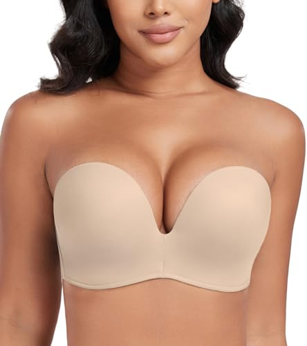 DotVol Women Strapless Push Up Bra Custom Lift Invisible Wing Shape Anti-Slip Wirefree Bra(Wing Beige,32DD)