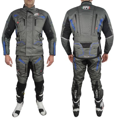 WinNet Tuta Completo Moto in Cordura Giacca e Pantalone con Protezioni Omologate C.E. impermeabile anti acqua pioggia e freddo 4 stagioni invernale ma sfoderabile in primavera estate JTblu (M)