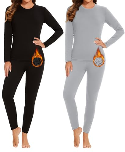 NebuKinex 2 Sets Thermal Underwear for Women Long Johns Ultra Warm Fleece Lined Athletic Base Layer Tops & Bottom Pajama Black/Grey-M
