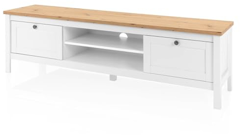 KHG TV-Bank 2 Schubladen Landhaus TV-Lowboard mit 2 offenen Fächern aus Holzwerkstoff weiß foliert, Deckplatte Holzoptik Asteiche foliert, Silberne Metall-Griffe, 160 x 45 x 40 cm (B/H/T)
