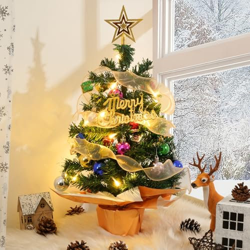 Livofloral Künstlicher Weihnachtsbaum mit Lichterkette, 60cm Weihnachtsbaum Klein für Innen Weihnachten Deko, Tisch-Weihnachtsbaum Mini mit Seidenband, Christmas Tree Tischplatte Tannenbaum, Grün