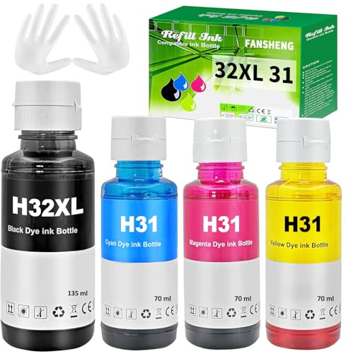 31 32XL Inchiostro Compatibile con HP 31 32 XL per Smart Tank 5105 5108 7305 7605 7005 7006 7008 7306 5106 per Smart Tank plus 570 580 585 670 530 555 655 Stampante (4 Pack, Nero/Ciano/Magenta/Giallo)