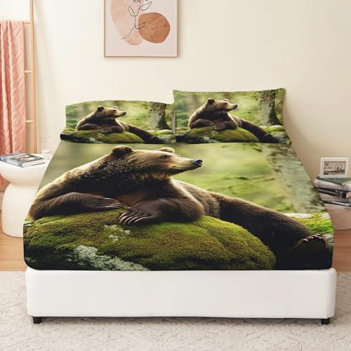 Spannbettlaken 160 x 200 cm Natur Tier Braunbär Muster Spannbetttuch Mikrofaser Bettlaken mit Gummizug für bis 30 cm Matraze Spannbetttuch Dunkelbraun Weiche Mit 2 Kopfkissenbezug 80x80 cm
