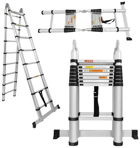 Echelle Pliante télescopique,Echelle rétractable,Echelle Murale en Aluminium avec Barre d'appui de sécurité,Echelle à Cadre en A avec Bouton de sécurité pour la Maison,l'extérieur,Charge Max 150kg