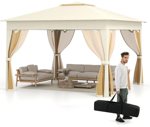 HOMASIS Gazebo Pieghevole 3,3x3,3M, Gazebo Pop-Up con Zanzariere e Tetto Doppio, Resistente all'Acqua e alle Intemperie con Borsa per il Trasporto, Pergolato Regolabile in Altezza per Feste (Beige)
