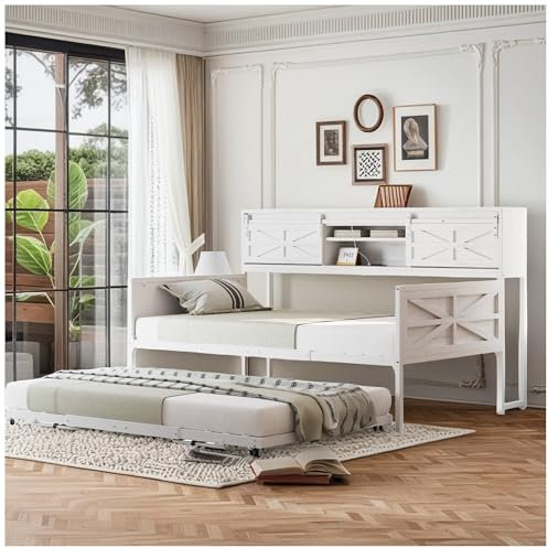 Wyibwy Cama con estructura de hierro, sofá cama con varios compartimentos de almacenamiento, conexión USB, cama individual con camas nido sin colchón, 90 x 200 cm (blanco)