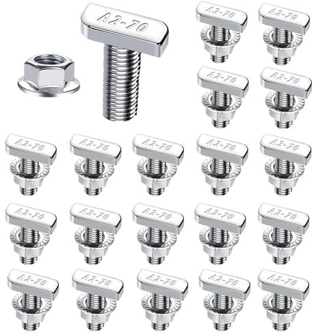 Lot de 20 vis à tête marteau M8 en acier inoxydable A2-70, écrous M8 x 20 mm, vis à tête marteau avec écrous à bride M8, pour rails de montage solaires PV, serre photovoltaïque