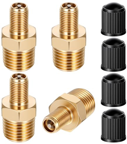 4 adaptadores de inflador de aire de latón, NPT de 1/4 pulgadas (M) a válvula estándar para Schrader para válvula Schrader (m) para manguera de compresor de portabrocas de aire Presta, neumático de