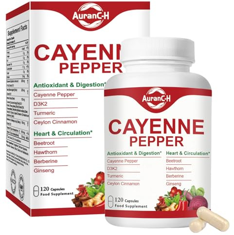 Cayenne Pepper Capsules Support Leg Vein Heart Blood Vessel Health, 8in1 with Vitamin E D3+K2 and Extracts of Grape Seed, Hawthorn, Beetroot, Berberine and Capsaicin, 120 Count
