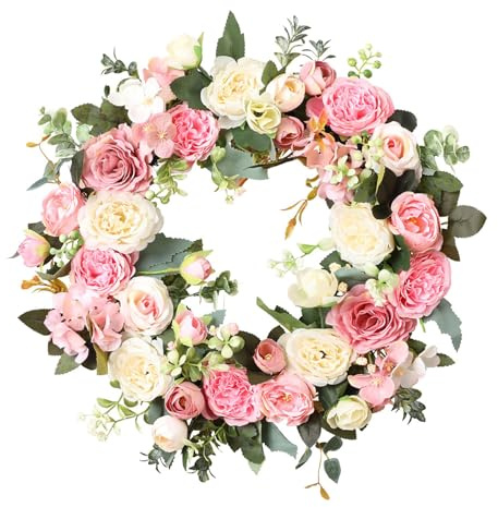 Artificial Floral Wreath 40cm, Spring Summer Door Wreath for Wedding & Festival, Outdoor Wall Hanging Ornament for Home Garden Decoration.