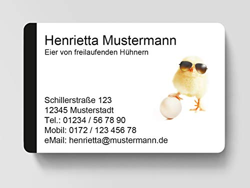 100 Visitenkarten, laminiert, 85 x 55 mm, inkl. Kartenspender - Eier Huhn
